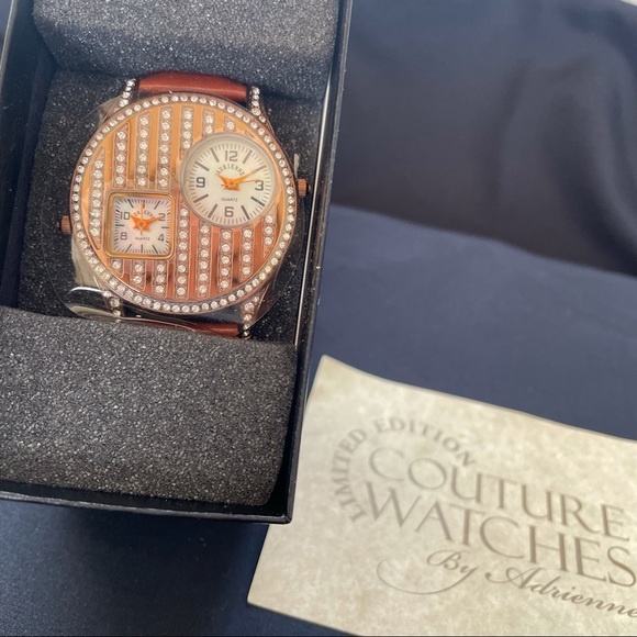 Brown Leather Watch W/ Two Mother of Pearl Dial Crystal Watch main image 4